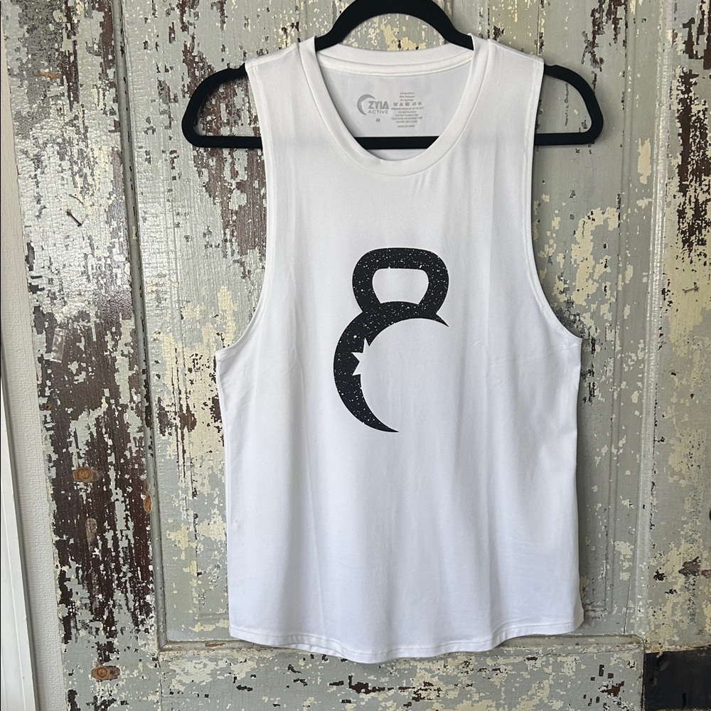 ZYIA White Tank Top with Black Kettlebell Design NWOT